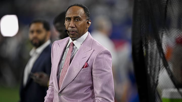 Nov 3, 2025; Arlington, Texas, USA; ESPN commentator Stephen A. Smith looks on before the game between the Dallas Cowboys and the Arizona Cardinals at AT&T Stadium. Mandatory Credit: Jerome Miron-Imagn Images