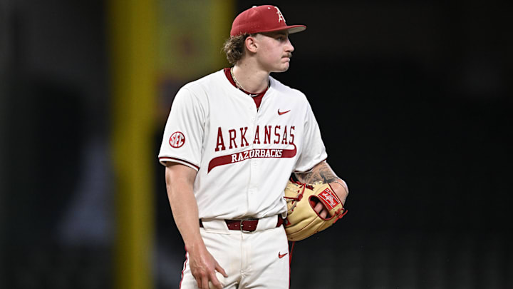 Feb 23, 2025; Arlington, TX, USA; The Michigan Wolverines play the Arkansas Razorbacks during the Amegy Bank College Baseball Series presented by Kubota Weekend 2 at Globe Life Field. Mandatory Credit: Jerome Miron-Imagn Images