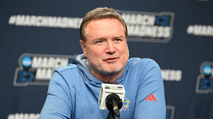 Mar 19, 2025; Providence, RI, USA; Kansas Jayhawks head coach Bill Self speaks to the media during a press conference at Amica Mutual Pavilion. Mandatory Credit: Eric Canha-Imagn Images Mar 19, 2025; Providence, RI, USA; Kansas Jayhawks head coach Bill Self speaks to the media during a press conference at Amica Mutual Pavilion. Mandatory Credit: Eric Canha-Imagn Images