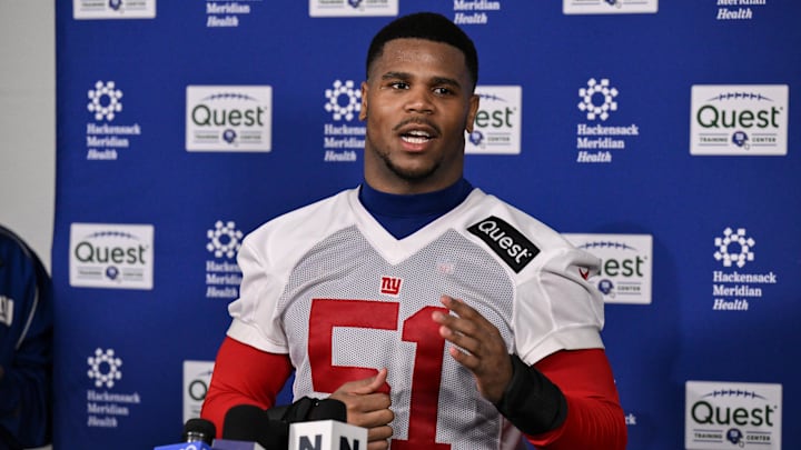 May 9, 2025; East Rutherford, NJ, USA; New York Giants linebacker Abdul Carter (51) speaks to members of the press after rookie minicamp at Quest Diagnostics Training Center.  