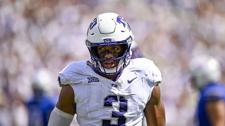 Sep 20, 2025; Fort Worth, Texas, USA; TCU Horned Frogs linebacker Kaleb Elarms-Orr (3) celebrates after he sacks SMU Mustangs quarterback Kevin Jennings (not pictured) during the second half at Amon G. Carter Stadium. Mandatory Credit: Jerome Miron-Imagn Images