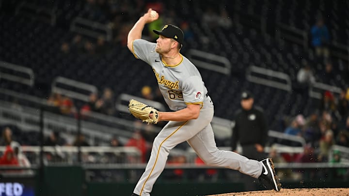 Apr 3, 2024; Washington, District of Columbia, USA; Pittsburgh Pirates starting pitcher Hunter Stratton (63) pitches against the Washington Nationals during the sixth inning at Nationals Park. Mandatory Credit: Rafael Suanes-Imagn Images