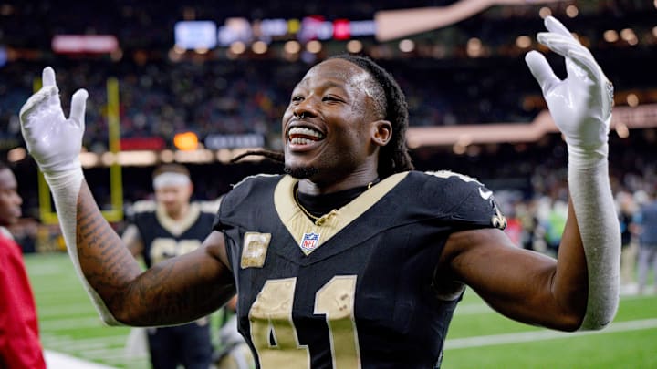 Nov 10, 2024; New Orleans, Louisiana, USA; New Orleans Saints running back Alvin Kamara (41) leaves the field after the Saints defeated the Atlanta Falcons at Caesars Superdome. Mandatory Credit: Matthew Hinton-Imagn Images