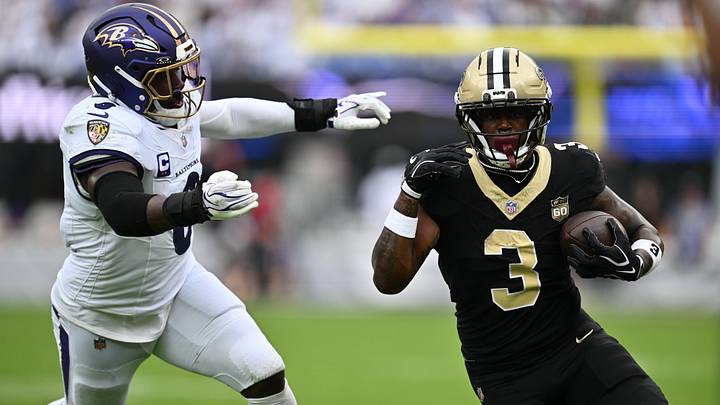 Sep 20, 2026; Baltimore, Maryland, USA; New Orleans Saints running back Travis Etienne Jr. (3) runs with the ball while defended byBaltimore Ravens linebacker Roquan Smith (0) in the second half at M&T Bank Stadium. Mandatory Credit: Jamie Sabau-Imagn Images Sep 20, 2026; Baltimore, Maryland, USA; New Orleans Saints running back Travis Etienne Jr. (3) runs with the ball while defended byBaltimore Ravens linebacker Roquan Smith (0) in the second half at M&T Bank Stadium. Mandatory Credit: Jamie Sabau-Imagn Images