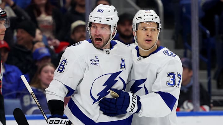 Mar 8, 2026; Buffalo, New York, USA;  Tampa Bay Lightning right wing Nikita Kucherov (86) celebrates his goal with center Yanni Gourde (37) during the third period against the Buffalo Sabres at KeyBank Center. Mandatory Credit: Timothy T. Ludwig-Imagn Images