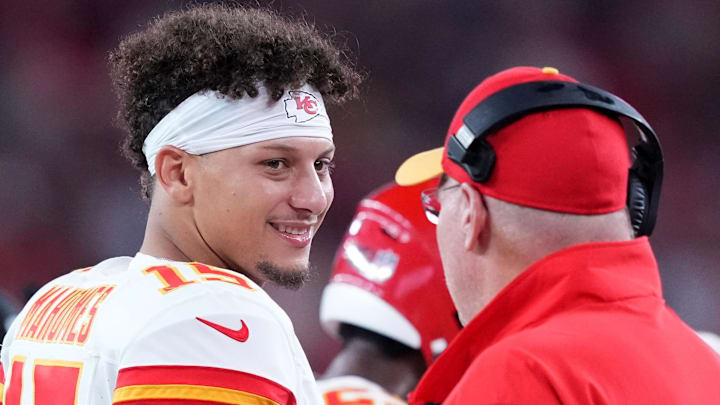 Aug 19, 2023; Glendale, Arizona, USA; Kansas City Chiefs quarterback Patrick Mahomes (15) and head coach Andy Reid at State Farm Stadium against the Arizona Cardinals . Mandatory Credit: Joe Camporeale-Imagn Images
