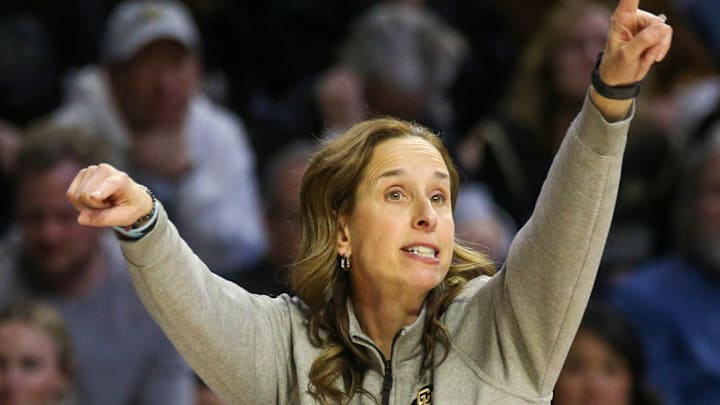 Mar 22, 2024; Manhattan, KS, USA; Colorado Buffaloes head coach JR Payne calls a play to her team during the fourth quarter against the Drake Bulldogs at Bramlage Coliseum. 