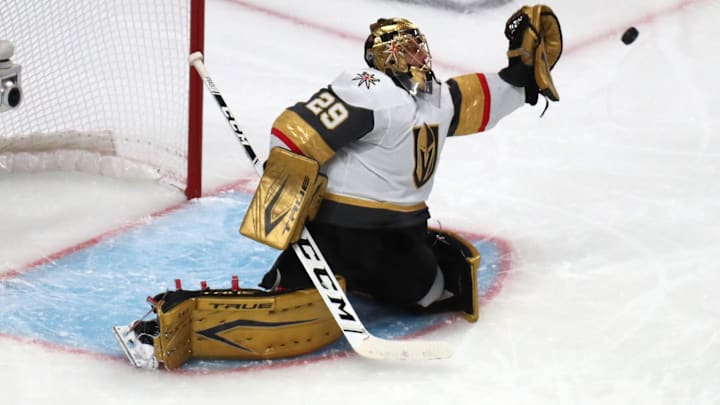 Jun 18, 2021; Montreal, Quebec, CAN; Vegas Golden Knights goaltender Marc-Andre Fleury (29) makes a save against Montreal Canadiens during the third period in game three of the 2021 Stanley Cup Semifinals at Bell Centre. Mandatory Credit: Jean-Yves Ahern-Imagn Images