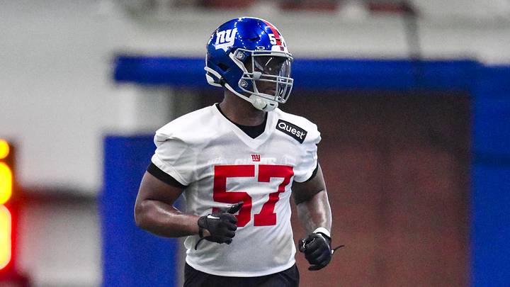 Jun 17, 2025; East Rutherford, NJ, USA; New York Giants defensive end Chauncey Golston (57) participates in a drill during minicamp at Quest Diagnostics Training Center. Mandatory Credit: John Jones-Imagn Images