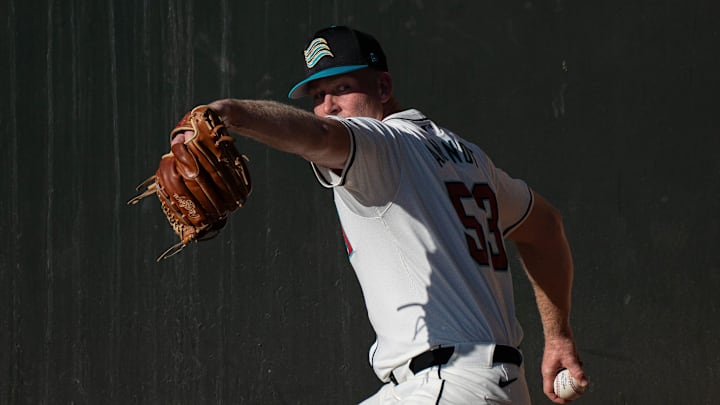Kyle Amendt throws in the bullpen during the Arizona Fall League media day at Scottsdale Stadium on Oct. 4, 2024, in Scottsdale, Arizona.