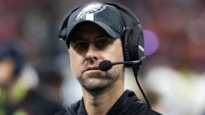  Philadelphia Eagles  pass game coordinator Kevin Patullo against the Kansas City Chiefs during Super Bowl LIX at Ceasars Superdome. 
