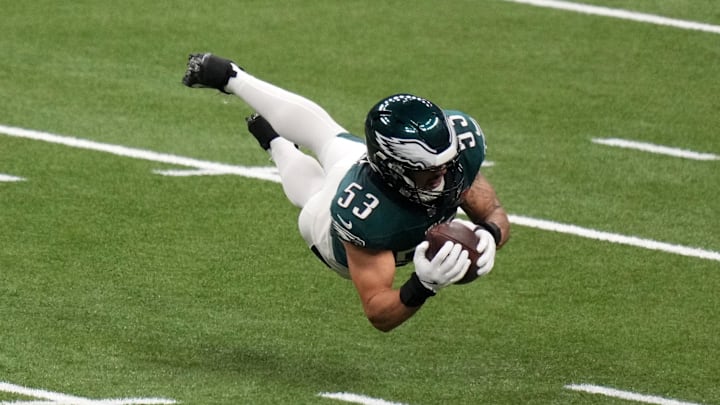 Feb 9, 2025; New Orleans, LA, USA; Philadelphia Eagles linebacker Zack Baun (53) makes an interception against Kansas City Chiefs quarterback Patrick Mahomes (not pictured) during the second quarter in Super Bowl LIX at Caesars Superdome. Feb 9, 2025; New Orleans, LA, USA; Philadelphia Eagles linebacker Zack Baun (53) makes an interception against Kansas City Chiefs quarterback Patrick Mahomes (not pictured) during the second quarter in Super Bowl LIX at Caesars Superdome.