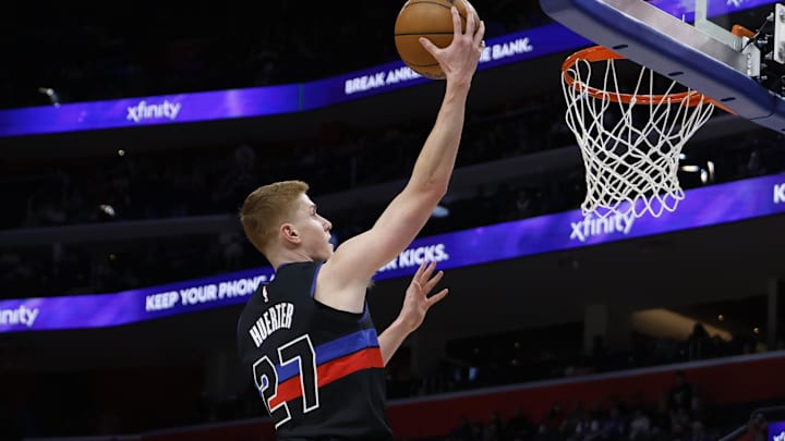 Feb 6, 2026; Detroit, Michigan, USA;  Detroit Pistons guard Kevin Huerter (27) shoots in the second half against the New York Knicks at Little Caesars Arena. Mandatory Credit: Rick Osentoski-Imagn Images