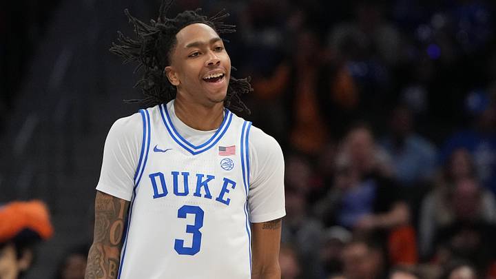 Mar 14, 2026; Charlotte, NC, USA; Duke Blue Devils guard Isaiah Evans (3) reacts in the second half during the men's ACC Conference Tournament Championship at Spectrum Center. 