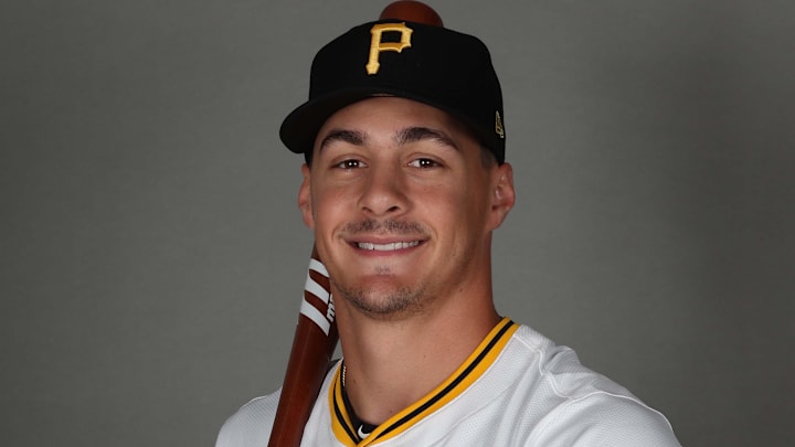 Feb 18, 2025; Bradenton, FL, USA; Pittsburgh Pirates infielder Konnor Griffin (85) poses for a photo during media day at Pirate City. Mandatory Credit: Kim Klement Neitzel-Imagn Images