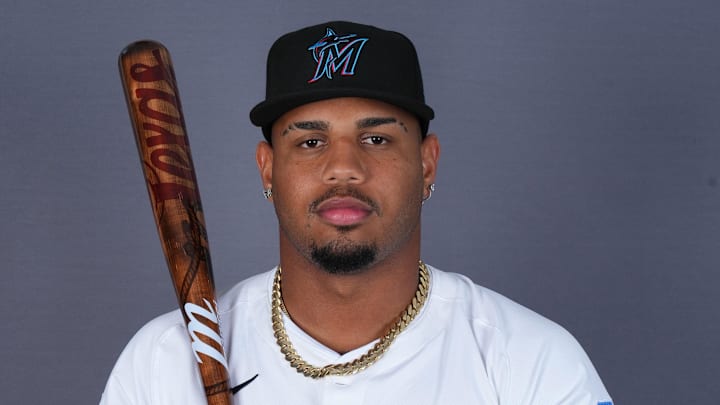 Feb 19, 2025; Jupiter, FL, USA;  Miami Marlins third base Deyvison De Los Santos (65).