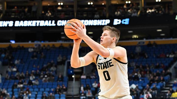 Mar 19, 2026; Buffalo, NY, USA; Michigan State Spartans forward Jaxon Kohler (0) takes a shot during the second half against the North Dakota State Bison during a first round game of the men's 2026 NCAA Tournament at Keybank Center.