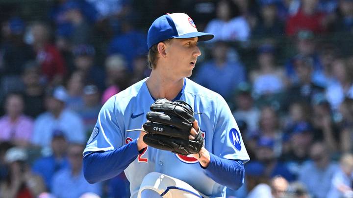 Jun 19, 2026; Chicago, Illinois, USA; Chicago Cubs pitcher Ben Brown (32) pitches against the Toronto Blue Jays during the first inning at Wrigley Field. Mandatory Credit: Patrick Gorski-Imagn Images