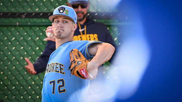 Milwaukee Brewers pitcher Coleman Crow (72) throws in the outfield during spring training workouts Saturday, February 14, 2026, at American Family Fields of Phoenix in Phoenix, Arizona.