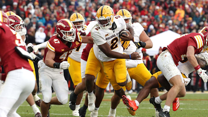 Nov 1, 2025; Ames, Iowa, USA; Iowa State Cyclones linebacker Kooper Ebel (47)  looks to tackle  Arizona State Sun Devils quarterback Jeff Sims (2) during the first half at Jack Trice Stadium. Mandatory Credit: Reese Strickland-Imagn Images
