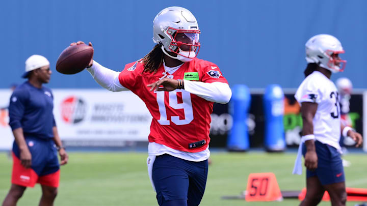 New England Patriots quarterback Joe Milton III throws a pass at minicamp at Gillette Stadium. New England Patriots quarterback Joe Milton III throws a pass at minicamp at Gillette Stadium.