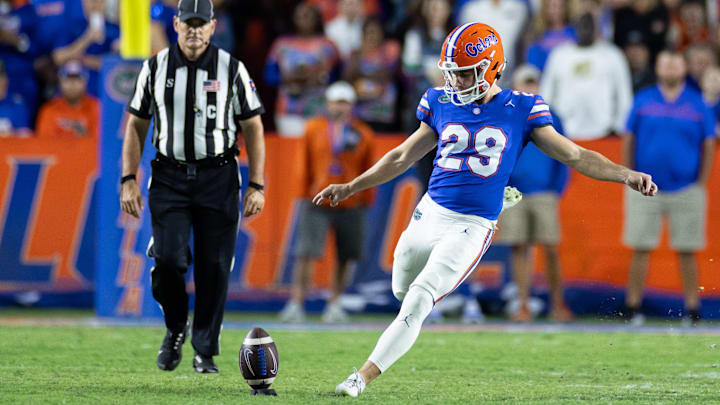 Oct 19, 2024; Gainesville, Florida, USA; Florida Gators place kicker Trey Smack (29) kicks the ball against the Kentucky Wildcats during the first half at Ben Hill Griffin Stadium. Mandatory Credit: Matt Pendleton-Imagn Images