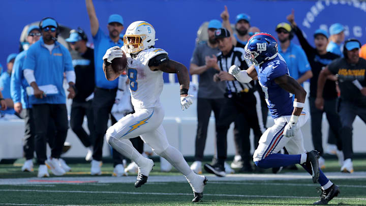 Los Angeles Chargers running back Omarion Hampton. Los Angeles Chargers running back Omarion Hampton.