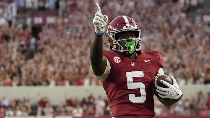 Sep 6, 2025; Tuscaloosa, Alabama, USA;  Alabama receiver Germie Bernard (5) celebrates a touchdown catch and run against UL Monroe at Saban Field at Bryant-Denny Stadium. Mandatory Credit: Gary Cosby Jr.-Imagn Images