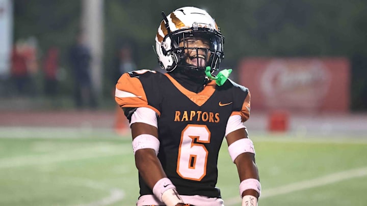 Anderson Raptors defensive back Ace Alston (6) celebrates during their regional championship win over Withrow 49-28 Friday, Nov. 17, 2023.