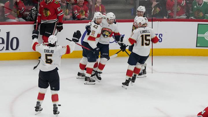 Florida Panthers center Lars Eller (20) celebrates his game-winning goal against the Chicago Blackhawks during the third period at United Center. Mandatory Credit: David Banks-Imagn Images Florida Panthers center Lars Eller (20) celebrates his game-winning goal against the Chicago Blackhawks during the third period at United Center. Mandatory Credit: David Banks-Imagn Images