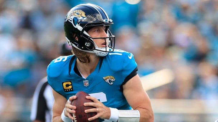 Jacksonville Jaguars quarterback Trevor Lawrence (16) looks to pass during the third quarter of a NFL football matchup at EverBank Stadium, Sunday, Dec. 14, 2025, in Jacksonville, Fla. The Jaguars defeated the Jets 48-20. [Corey Perrine/Florida Times-Union]