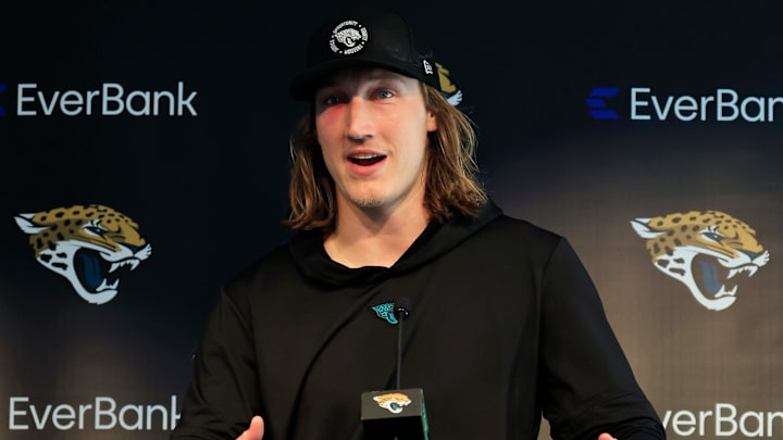 Jacksonville Jaguars quarterback Trevor Lawrence (16) speaks during a press conference at Miller Electric Center Wednesday, April 9, 2025 in Jacksonville, Fla. [Corey Perrine/Florida Times-Union]
