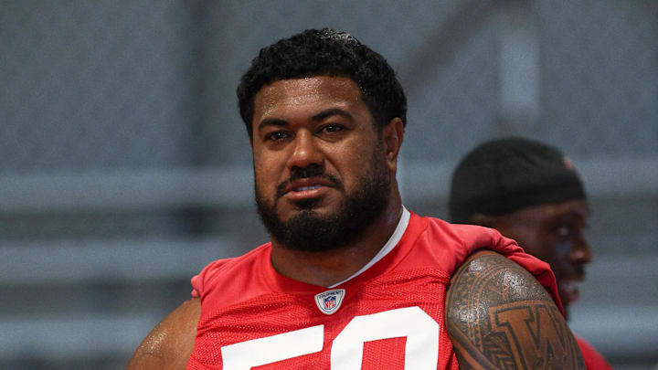 Tampa Bay Buccaneers defensive tackle Vita Vea (50) participates in mini camp at AdventHealth Training Center. 