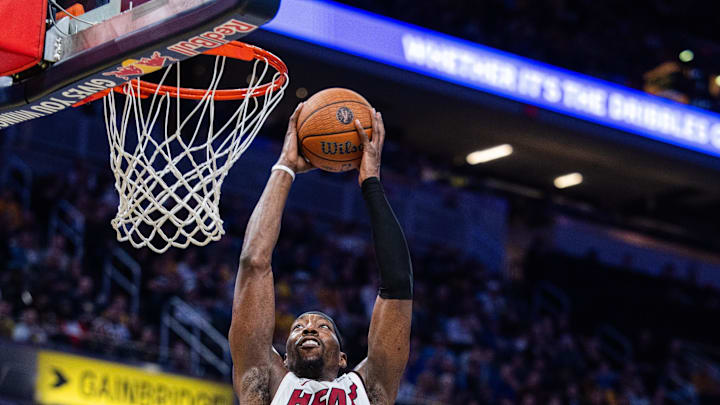 Nov 15, 2024; Indianapolis, Indiana, USA; Miami Heat center Bam Adebayo (13) shoots the ball while Indiana Pacers forward Jarace Walker (5) defends in the second half at Gainbridge Fieldhouse. Mandatory Credit: Trevor Ruszkowski-Imagn Images Nov 15, 2024; Indianapolis, Indiana, USA; Miami Heat center Bam Adebayo (13) shoots the ball while Indiana Pacers forward Jarace Walker (5) defends in the second half at Gainbridge Fieldhouse. Mandatory Credit: Trevor Ruszkowski-Imagn Images
