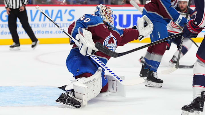 Oct 12, 2024; Denver, Colorado, USA; Colorado Avalanche goaltender Alexandar Georgiev (40) makes a save in the first period against the Columbus Blue Jackets at Ball Arena. Mandatory Credit: Ron Chenoy-Imagn Images Oct 12, 2024; Denver, Colorado, USA; Colorado Avalanche goaltender Alexandar Georgiev (40) makes a save in the first period against the Columbus Blue Jackets at Ball Arena. Mandatory Credit: Ron Chenoy-Imagn Images