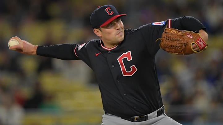 Apr 1, 2026: Cleveland Guardians pitcher Cade Smith (36) delivers to the plate in the ninth inning against the Los Angeles Dodgers at Dodger Stadium. 