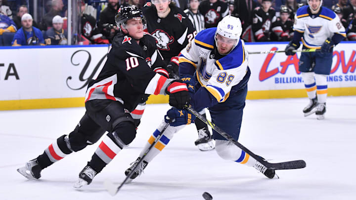 Nov 23, 2022; Buffalo, New York, USA; St. Louis Blues left wing Pavel Buchnevich (89) and Buffalo