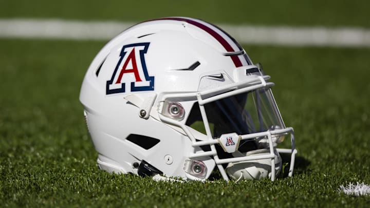 Nov 25, 2022; Tucson, Arizona, USA; Detailed view of an Arizona Wildcats helmet on the field during the Territorial Cup at Arizona Stadium