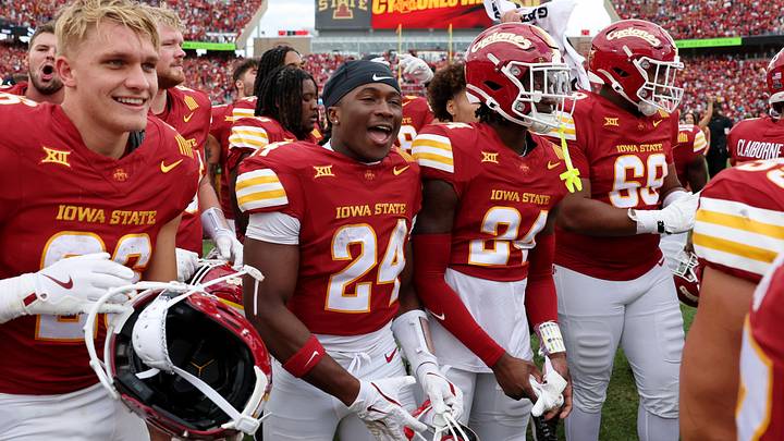 Sep 6, 2025; Ames, Iowa, USA; The Iowa State Cyclones celebrate after their win against the Iowa Hawkeyes at Jack Trice Stadium. Sep 6, 2025; Ames, Iowa, USA; The Iowa State Cyclones celebrate after their win against the Iowa Hawkeyes at Jack Trice Stadium.