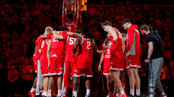 Ohio State Buckeyes huddle before the game against the UCLA Bruins at Value City Arena on Saturday, Jan. 17, 2026 in Columbus, Ohio.