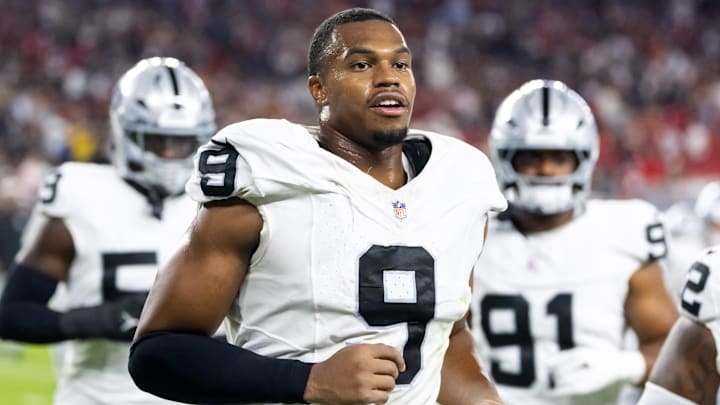 Aug 23, 2025; Glendale, Arizona, USA; Las Vegas Raiders defensive end Tyree Wilson (9) against the Arizona Cardinals during a preseason NFL game at State Farm Stadium. Mandatory Credit: Mark J. Rebilas-Imagn Images