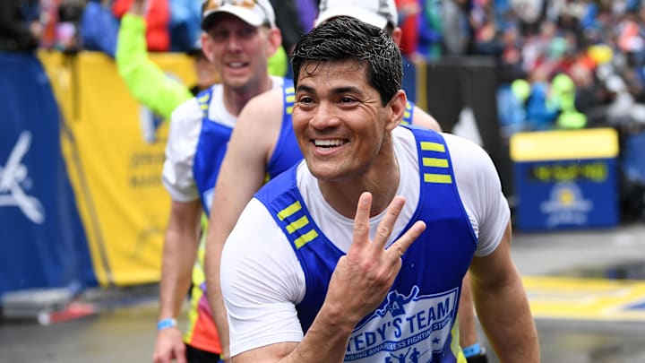 Apr 15, 2019; Boston, MA, USA; ESPN analyst and former New England Patriots player Tedy Bruschi poses for a picture after finishing the 2019 Boston Marathon. Apr 15, 2019; Boston, MA, USA; ESPN analyst and former New England Patriots player Tedy Bruschi poses for a picture after finishing the 2019 Boston Marathon.