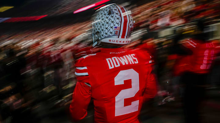 Ohio State Buckeyes defensive back Caleb Downs (2) takes the field for warm-ups prior to the NCAA football game against the UCLA Bruins at Ohio Stadium in Columbus on Nov. 15, 2025.