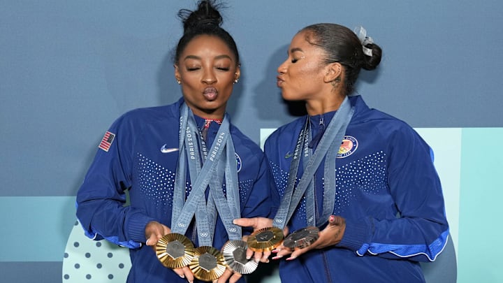 Simone Biles and Jordan Chiles of the United States poses for a photo after day three of the gymnastics event finals during the Paris 2024 Olympic Summer Games.