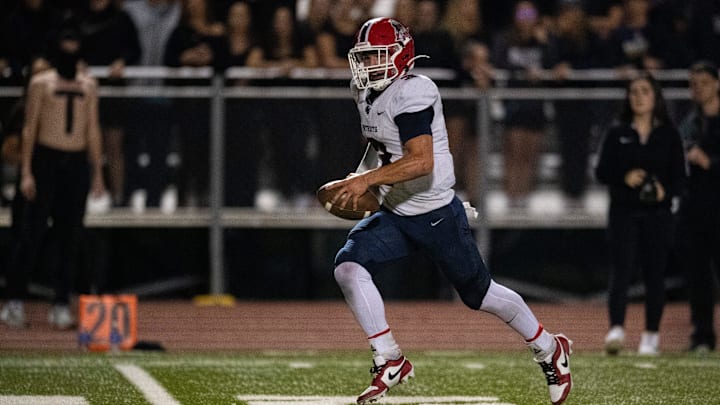 Heritage Hills' Jett Goldsberry (3) runs for a touchdown as the Heritage Hills Patriots play the Gibson Southern Titans Friday, Oct. 25, 2024.