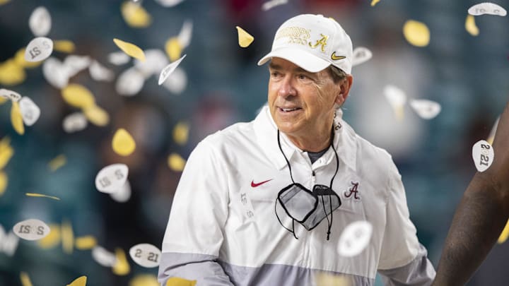 Jan 11, 2021; Miami Gardens, Florida, USA; Alabama Crimson Tide head coach Nick Saban celebrates after defeating the Ohio State Buckeyes in the 2021 College Football Playoff National Championship Game. Mandatory Credit: Mark J. Rebilas-Imagn Images