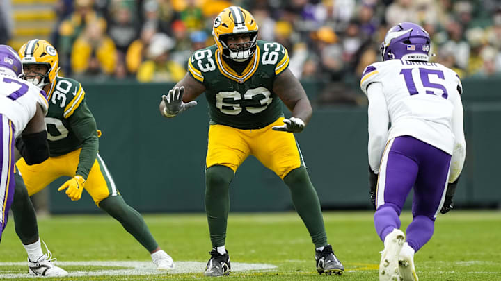 Nov 23, 2025; Green Bay, Wisconsin, USA; Green Bay Packers offensive tackle Rasheed Walker (63) during the game against the Minnesota Vikings at Lambeau Field. Mandatory Credit: Jeff Hanisch-Imagn Images Nov 23, 2025; Green Bay, Wisconsin, USA; Green Bay Packers offensive tackle Rasheed Walker (63) during the game against the Minnesota Vikings at Lambeau Field. Mandatory Credit: Jeff Hanisch-Imagn Images