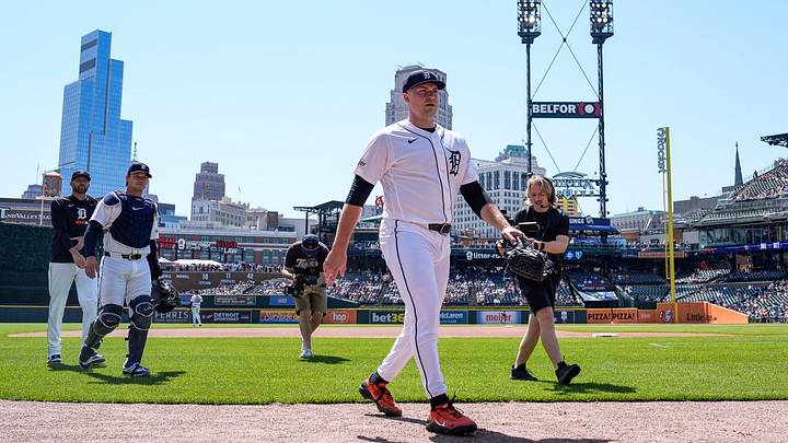 Detroit Tigers pitcher Tarik Skubal (29) walks toward the dugout after warming up before his first pitch against the Milwaukee Brewers at Comerica Park in Detroit on Thursday, April 23, 2026.