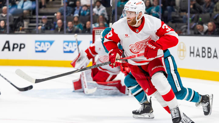 Nov 18, 2024; San Jose, California, USA; Detroit Red Wings left wing J.T. Compher (37) skates during the third period against the San Jose Sharks at SAP Center at San Jose. Mandatory Credit: Bob Kupbens-Imagn Images
