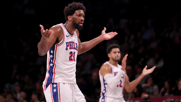 Nov 19, 2023; Brooklyn, New York, USA; Philadelphia 76ers center Joel Embiid (21) and forward Tobias